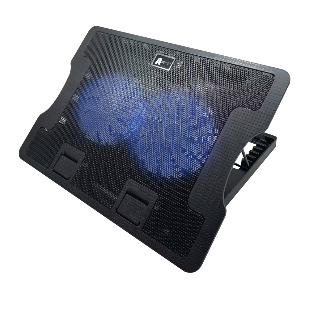 Refrigerador para laptop con dos ventiladores, vista en ángulo diagonal destacando el diseño y flujo de aire.