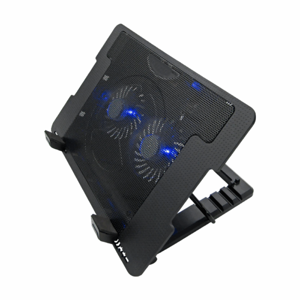 Refrigerador para computador con doble ventilador, vista lateral mostrando estructura y sistema de ventilación.