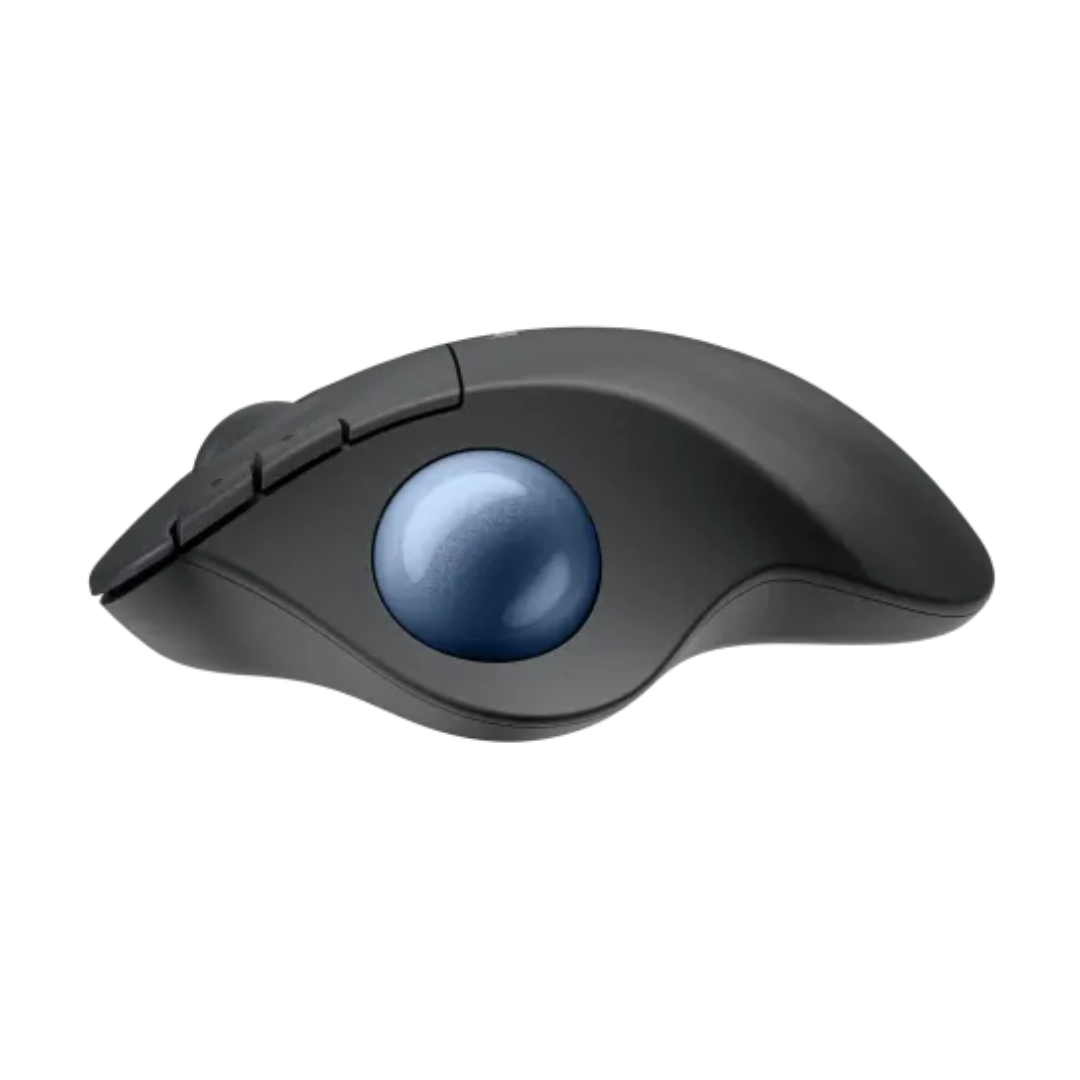 ouse trackball Logitech M575 inalámbrico, vista lateral mostrando el diseño ergonómico y la bola de control.