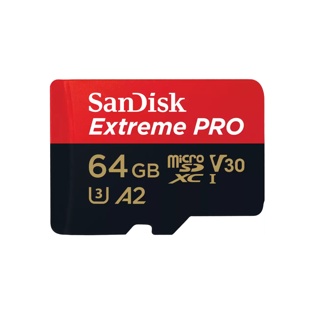 Memoria microSD SanDisk Extreme PRO 64GB A2 para video 4K, hasta 200MB/s, vista frontal.