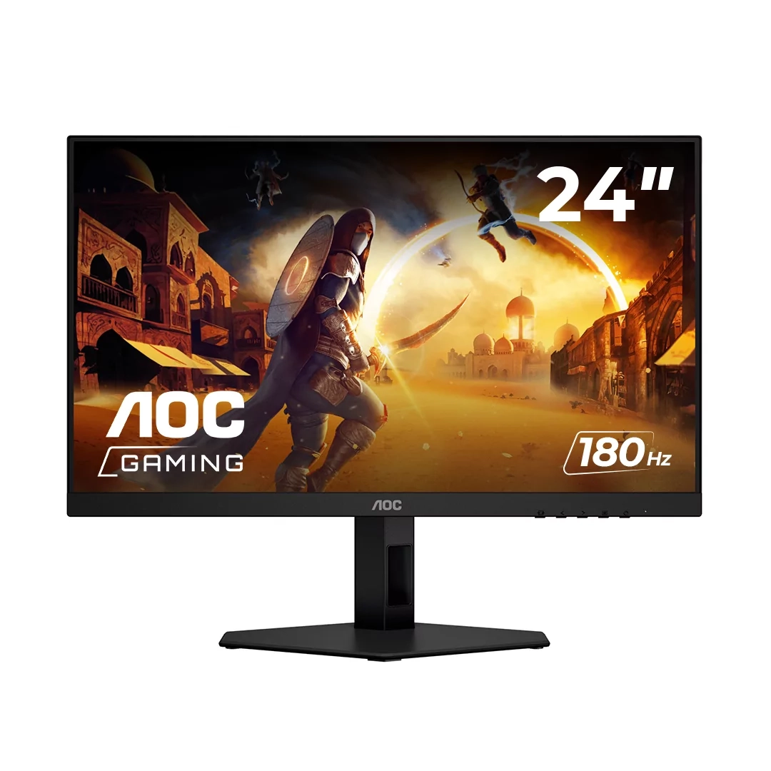 Monitor gamer AOC 24G4E 23.8″ FHD IPS 180Hz, vista frontal de la pantalla.