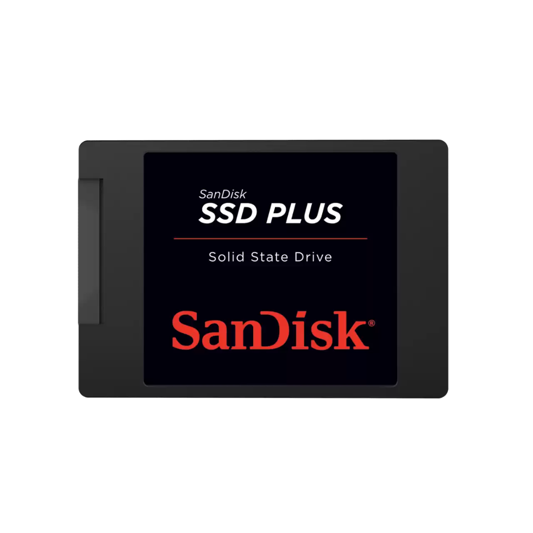 SanDisk SSD Plus 500GB, vista frontal del disco sólido.