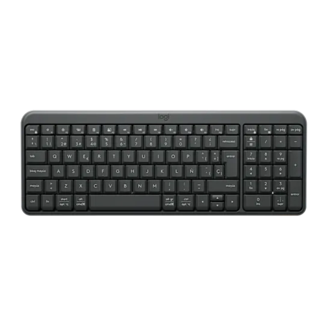 Teclado Logitech K250 inalámbrico, vista frontal derecha mostrando el diseño y teclas.