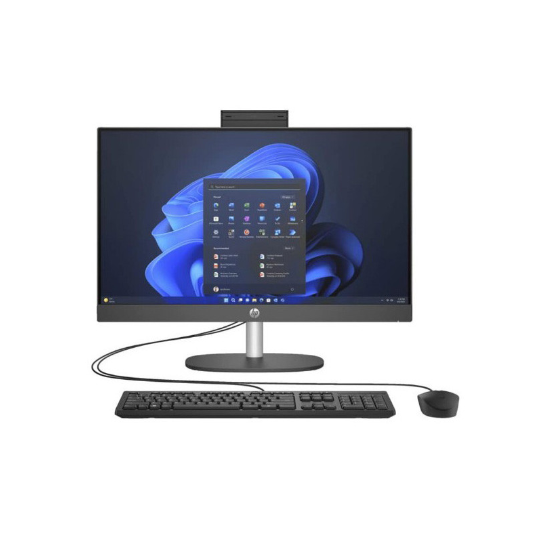 Computador Todo en Uno HP 24-CR0332LA Core i3 N300, vista frontal con teclado y mouse incluidos y pantalla de 23.8″ FHD.