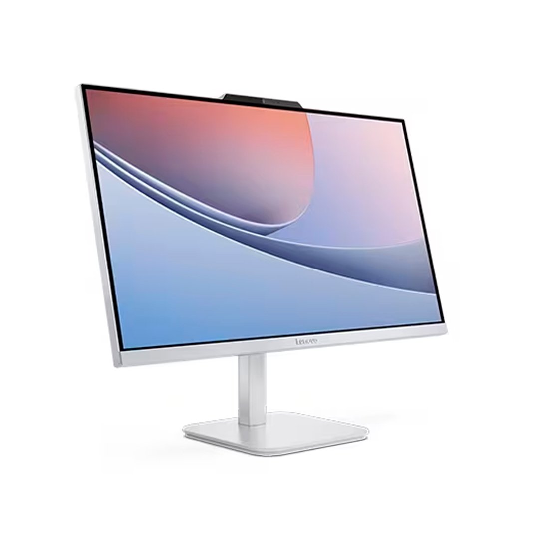 Computador Todo en Uno Lenovo A100 color blanco, vista frontal en ángulo mostrando pantalla amplia con biseles delgados y diseño moderno.