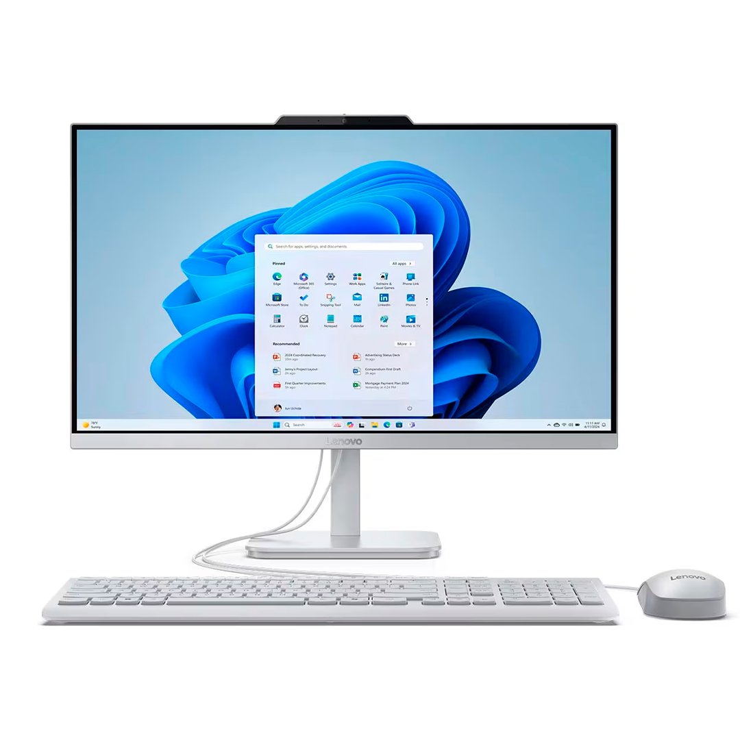 Computador Todo en Uno Lenovo A100 color blanco con teclado y mouse Lenovo incluidos, pantalla encendida con sistema Windows 11.