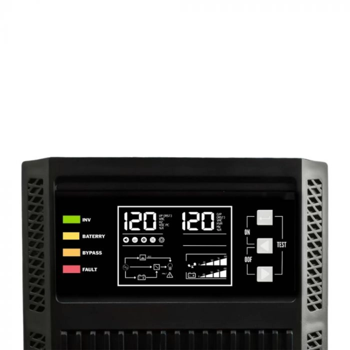 UPS online monofásica SAT UOL1000+ LCD 1KVA / 1KW, detalle de la pantalla LCD con indicadores de estado.
