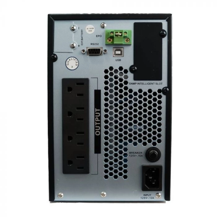 UPS online monofásica SAT UOL1000+ LCD 1KVA / 1KW, vista posterior mostrando puertos y conexiones.