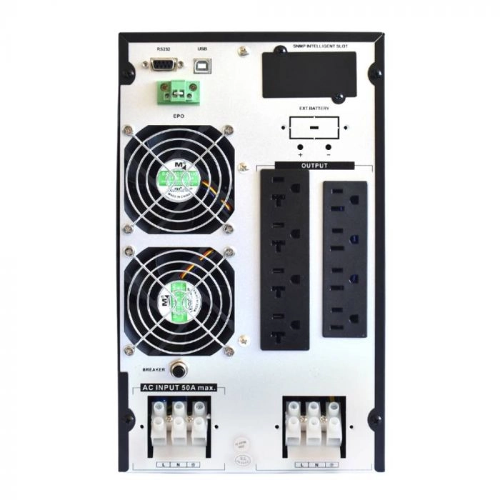 UPS online monofásica SAT UOL2000+ LCD 2KVA / 2000W, vista posterior con ventilador y puertos de conexión.