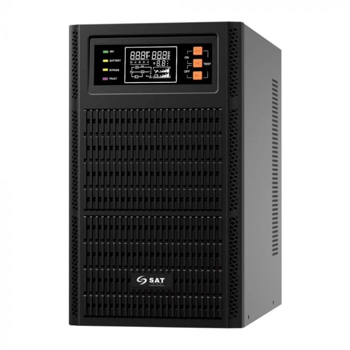 UPS online monofásica SAT UOL2000+ LCD 2KVA / 2000W, detalle del panel frontal con pantalla LCD y botones de control.