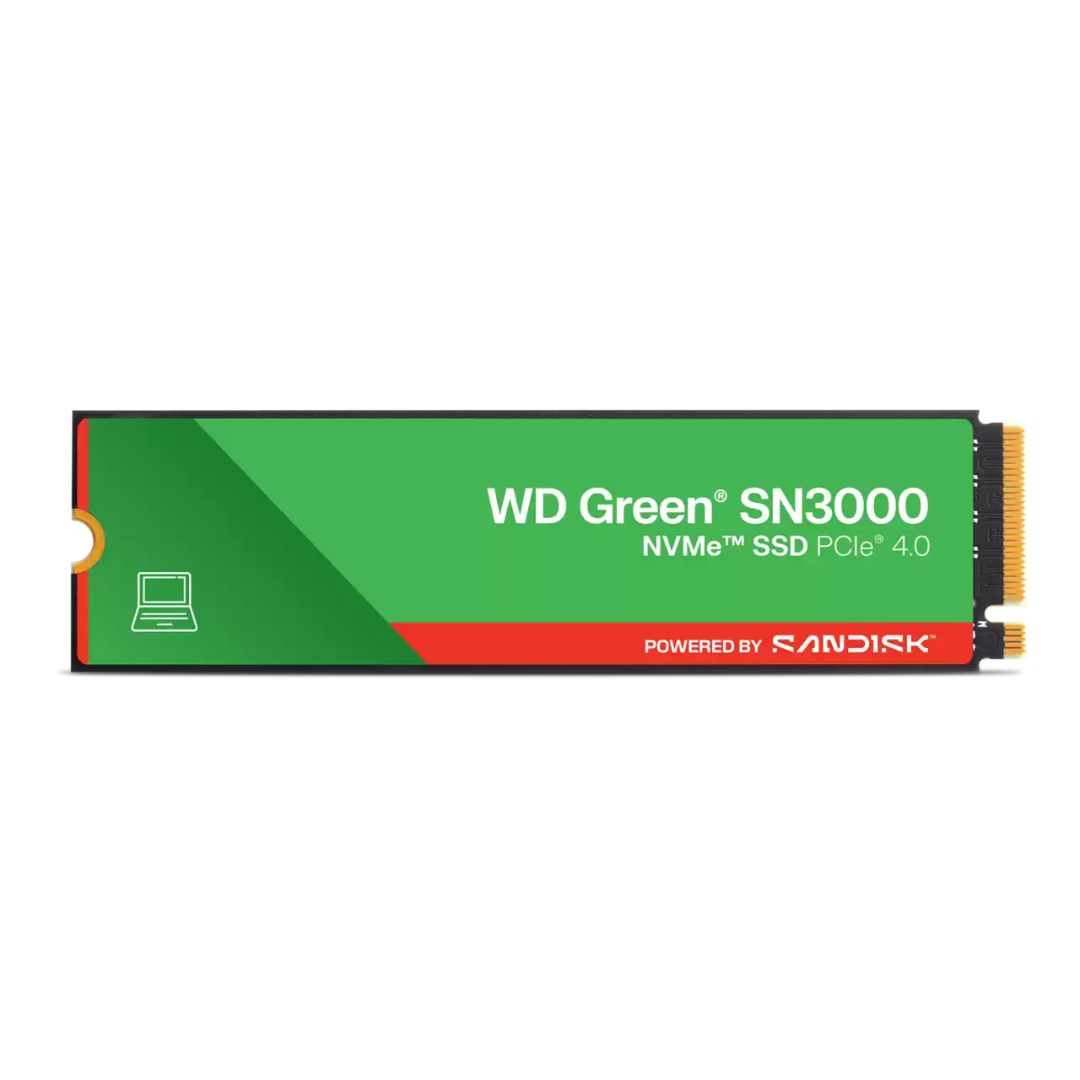 Unidad SSD WD Green SN3000 NVMe 500GB PCIe Gen4 M.2, vista frontal del módulo.