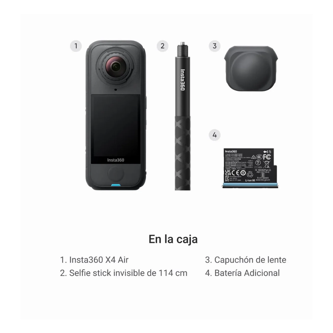 Vista de lo que viene en el pack, donde se ve la camara isnta, un capuchon, un selfie stick y un abateria