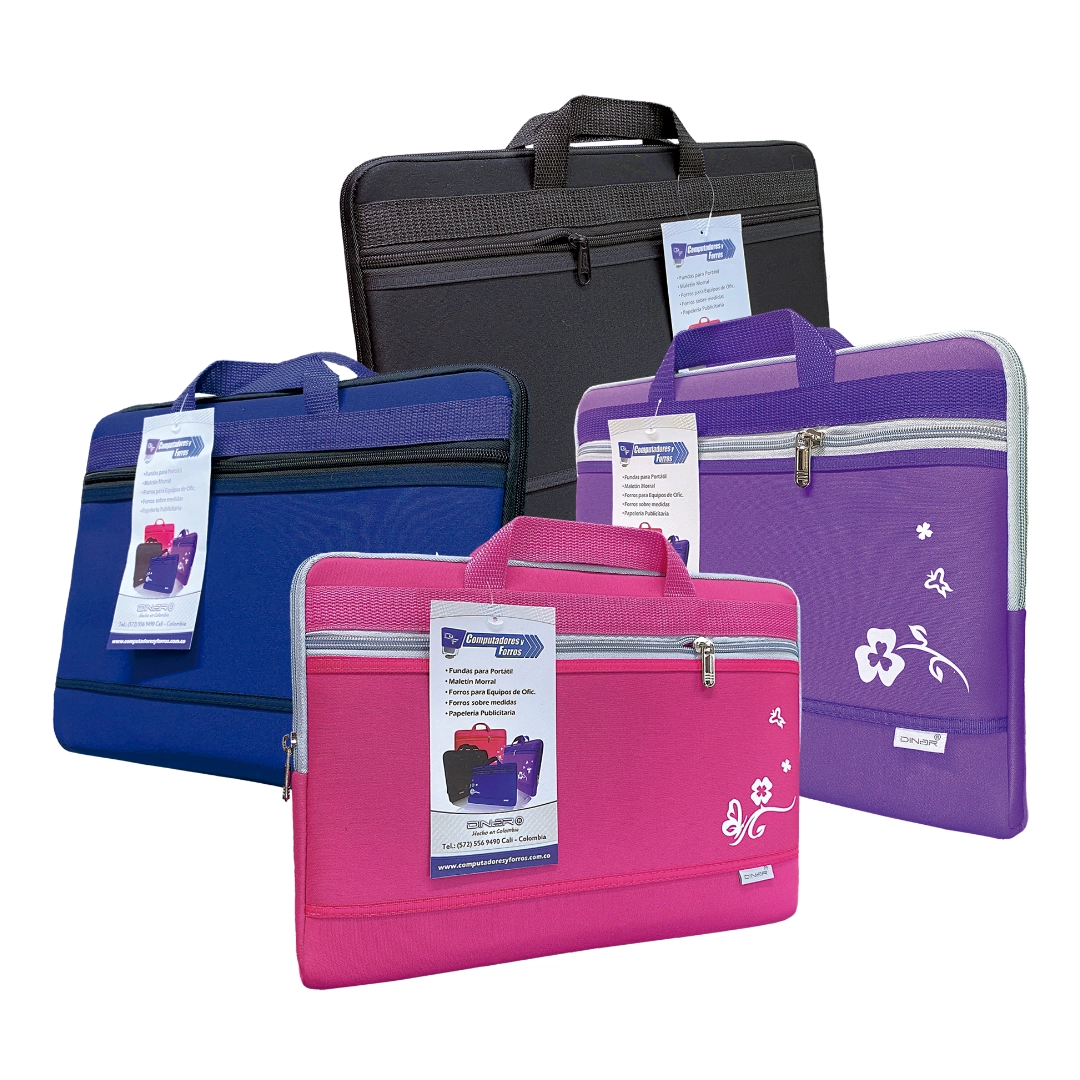 En la imagen se pueden ver cuatro fundas para portatil, una de ellas es azul, negra, fucsia y morada