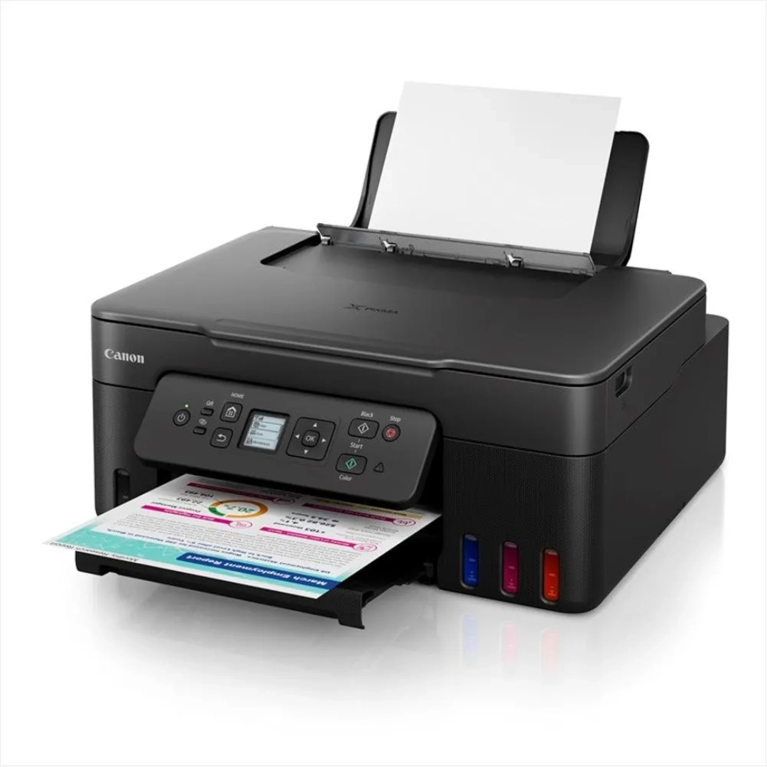 Vista de impresora canom G3180 multinfuncional con papel