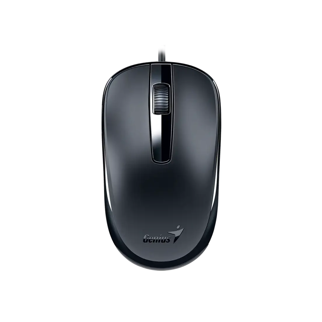 Vista superior del mouse, se puede ver completo junto a botones, rueda y marca