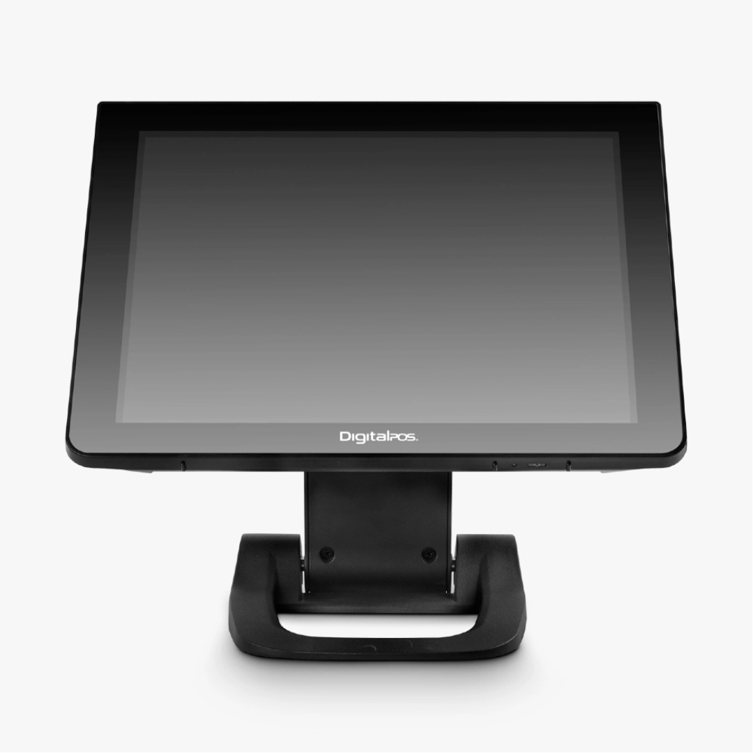 Sistema todo en uno pos, en la imagen se ve un monitor con base de frente