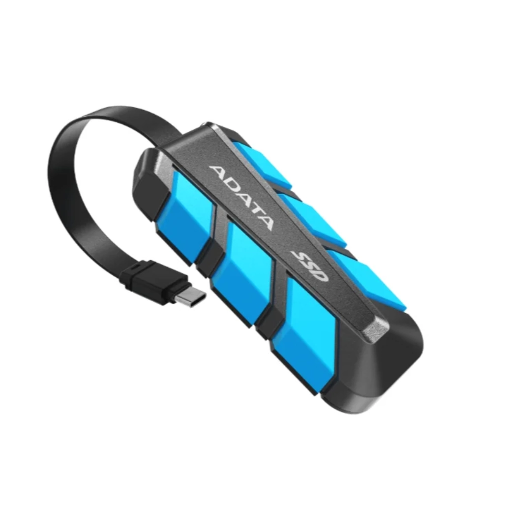 Unidad ssd externo adata fuera de su caja en color azul y negro