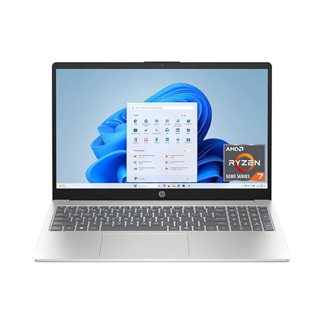 Vista del portatil hp de color gris, tiene una vista frontal