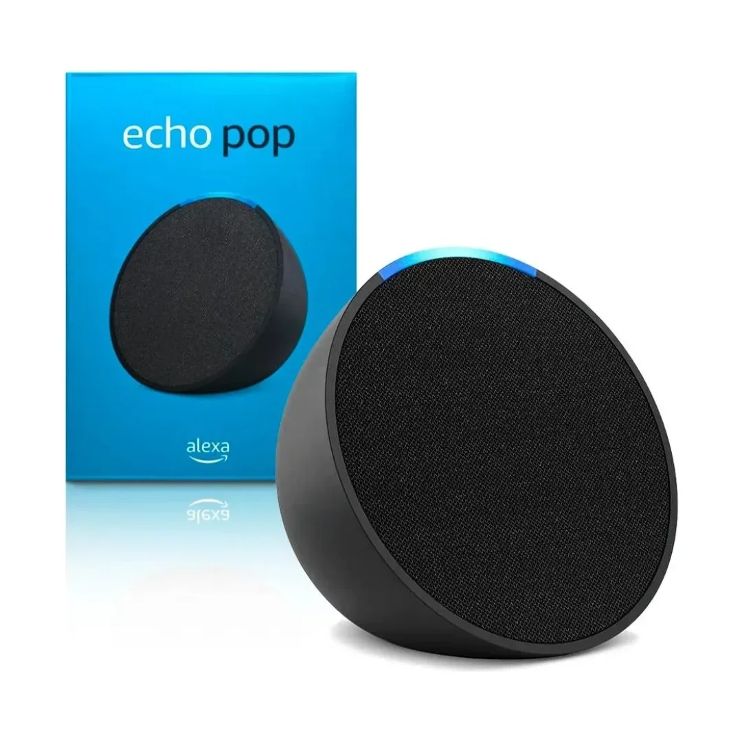 Vistal del altavoz inteligente de color negro junto a su caja