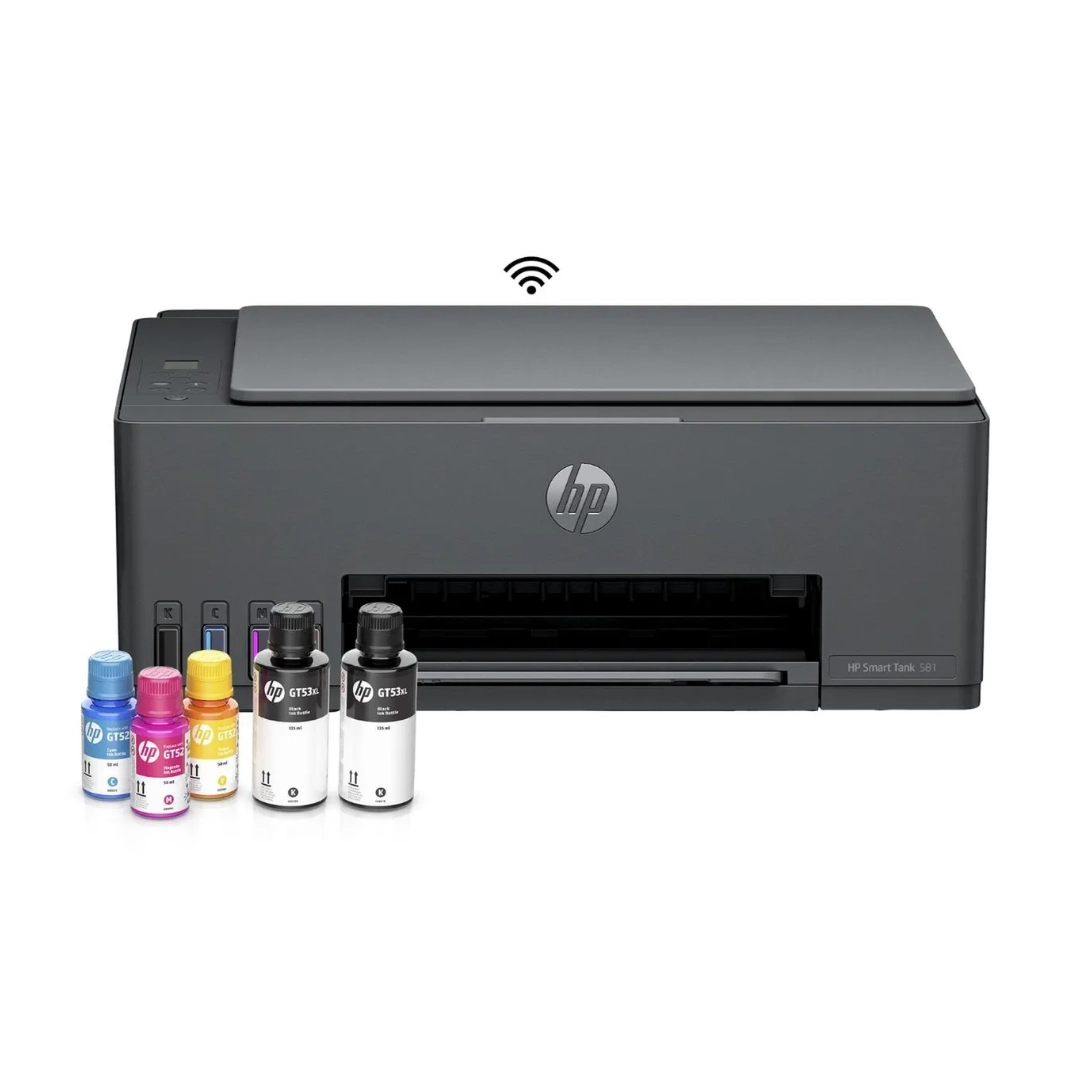 Vista de la impresora de frente junto al set de tintas