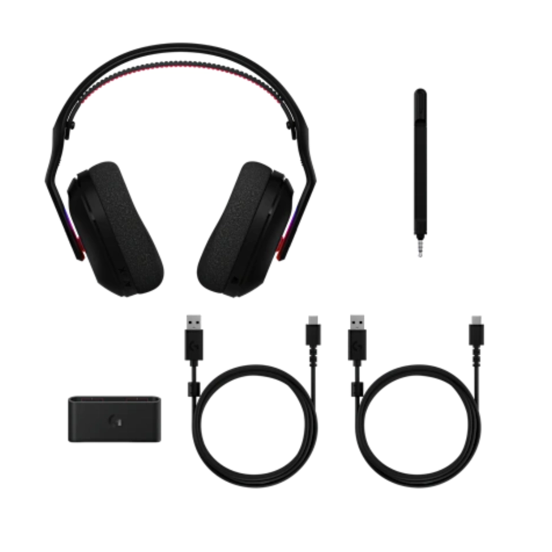 Vista de la diadema gamer logitech A20 junto a los elementos que vienen en la caja