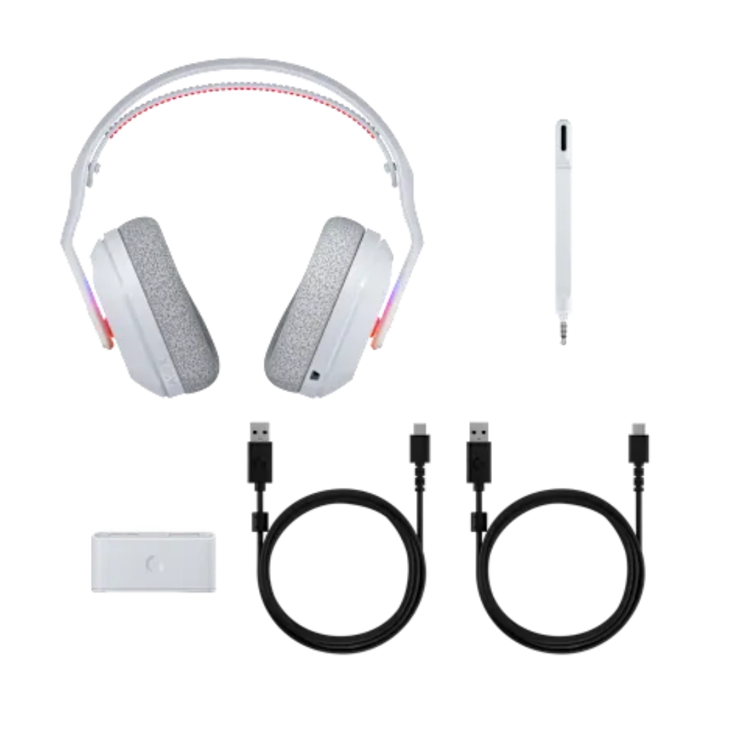 Vista de la diadema gamer logitech A20 junto a los elementos que vienen en la caja