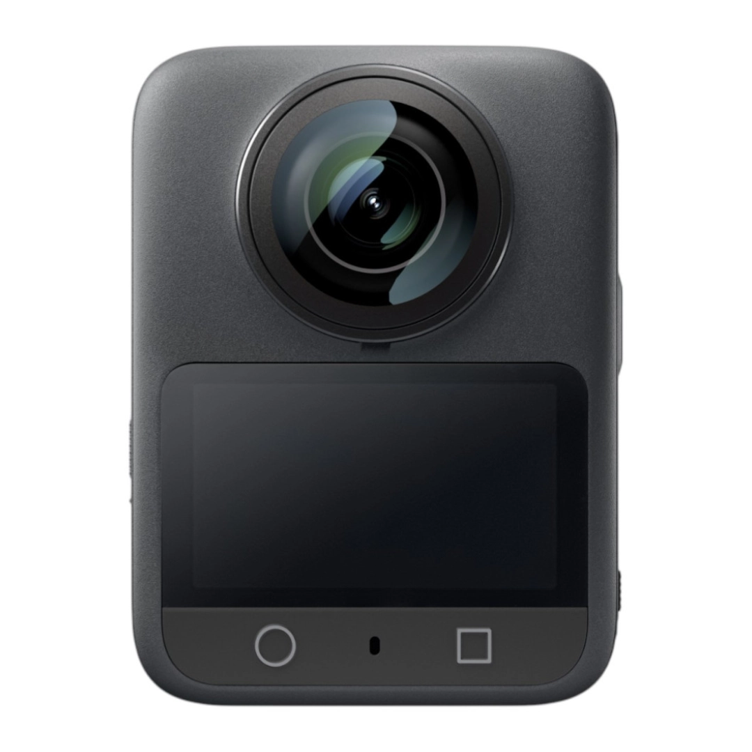 Vista de la camara desde la parte frontal, se puede ver el lente y la pantalla