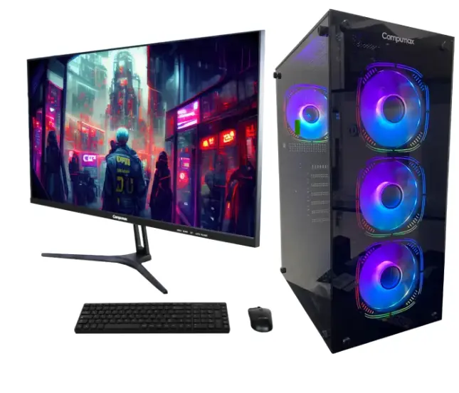 Vista del computador de mesa compumax,,se puede ver el monitor, con la cpu y perifericos