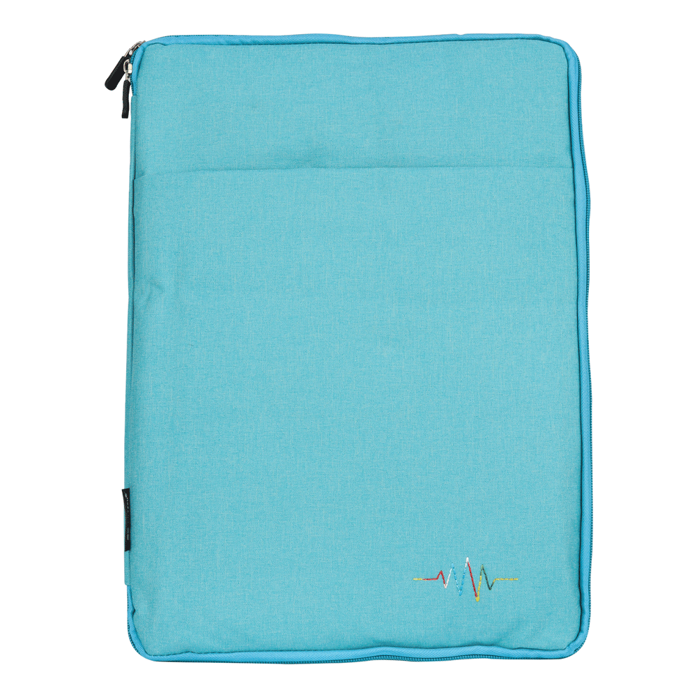 Vista de la parte frontal de la funda para portatil es de color azul