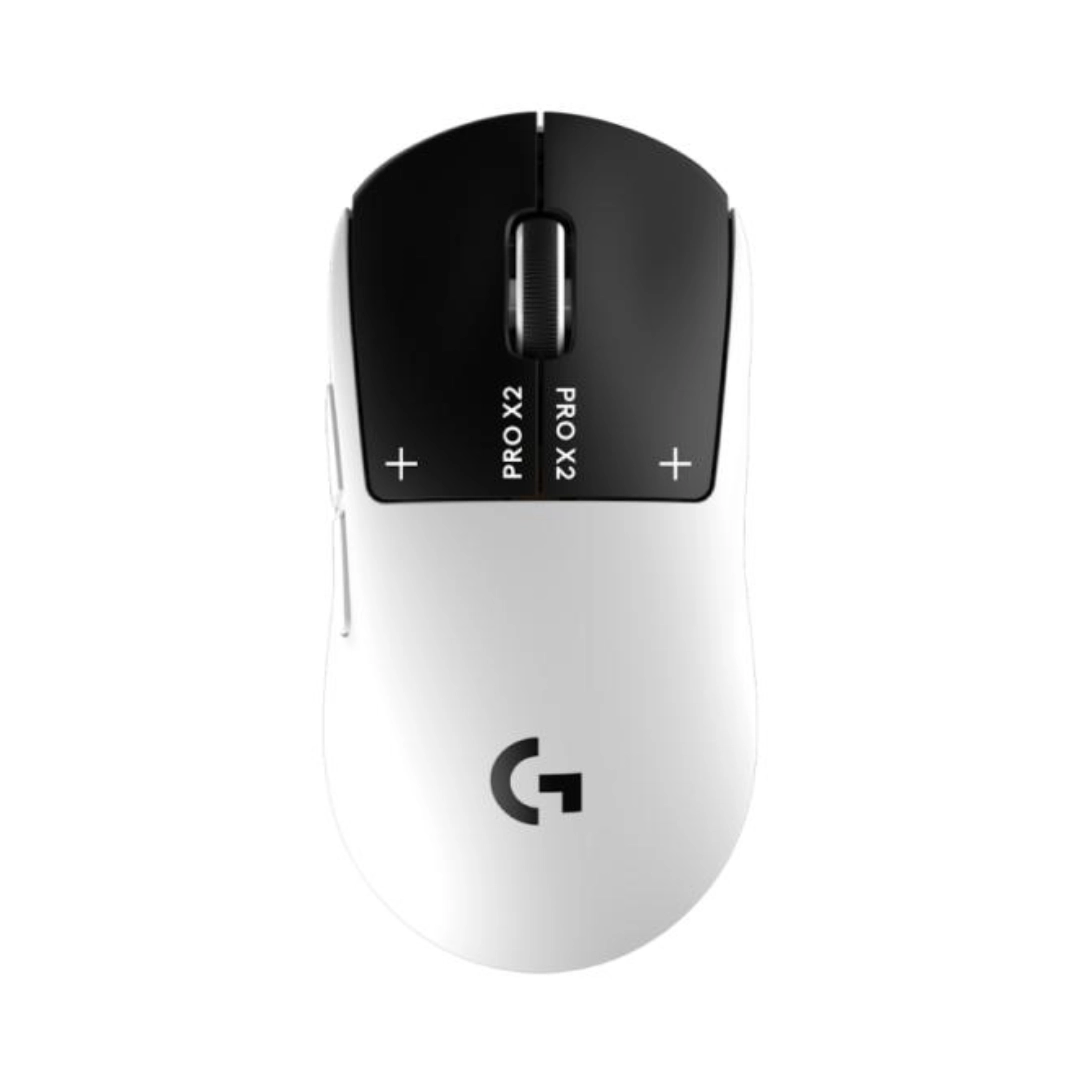 Vista desde la parte superior del mouse, se logra ver la silueta, los botones y el logo de la marca