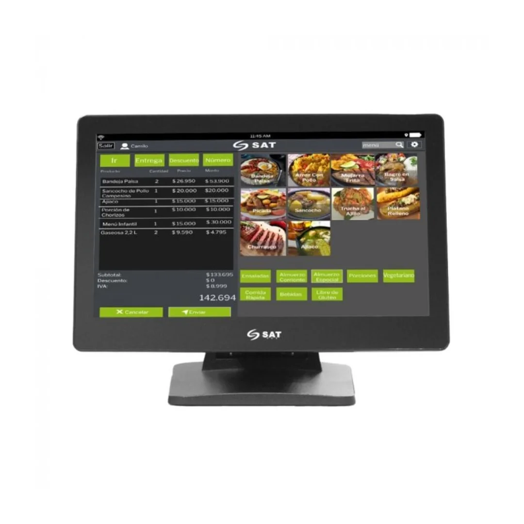 Vista frontal del monitor pos, se puede ver la pantalla y logo de la marca
