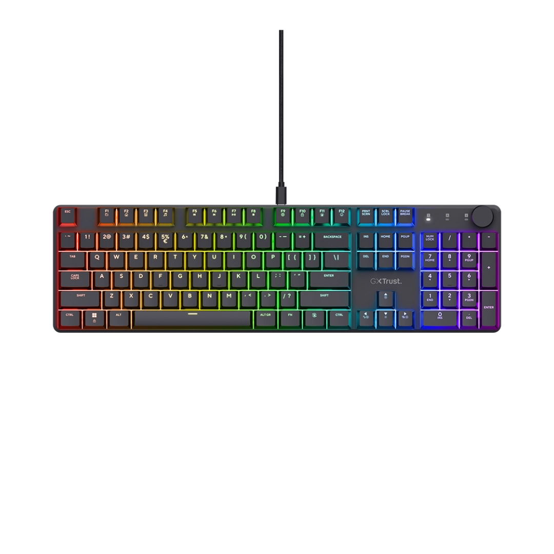 Vista del teclado fuera de su caja, se puede ver sus colores rgb