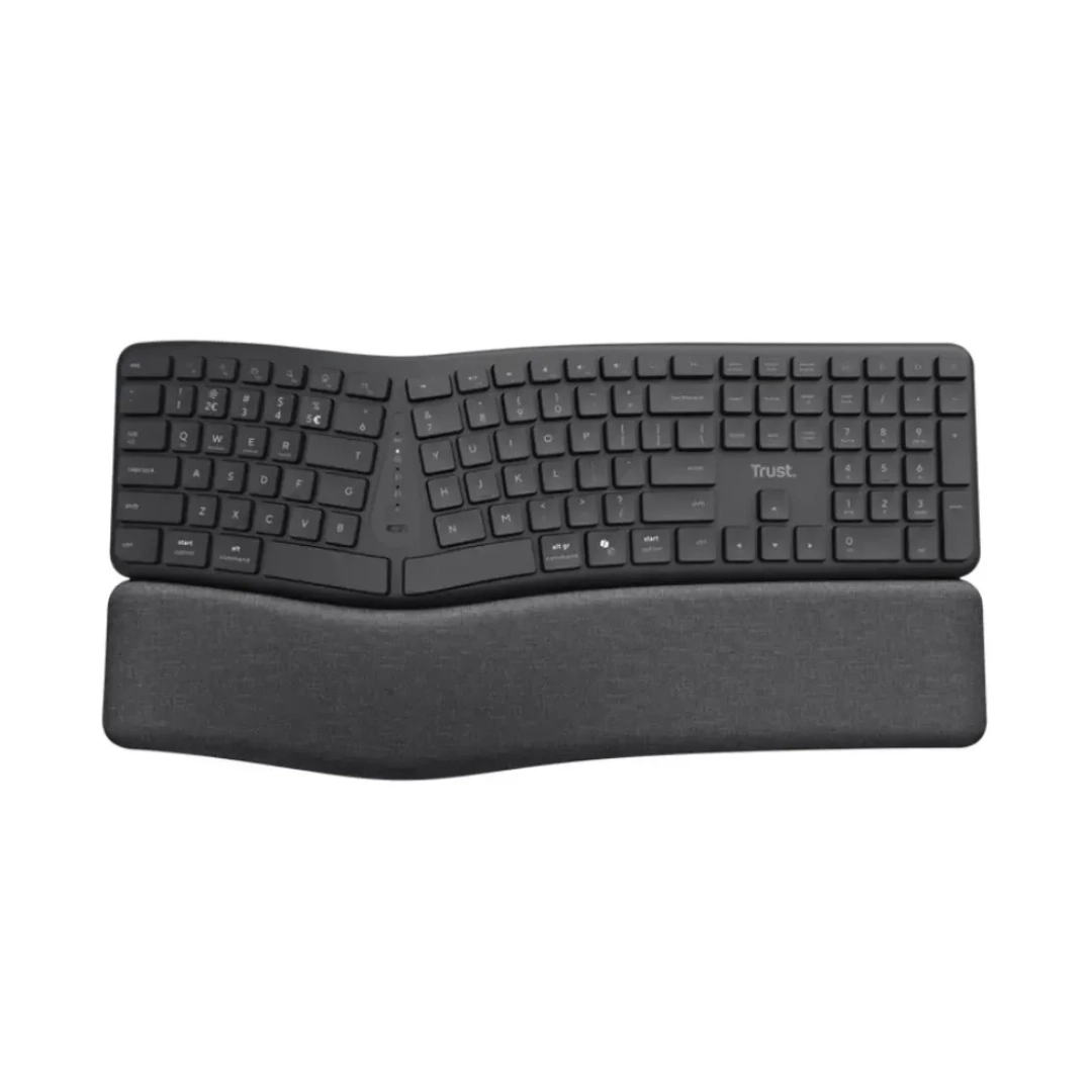 Vista frontal del teclado se puede apreciar el teclado y la base ergonomica