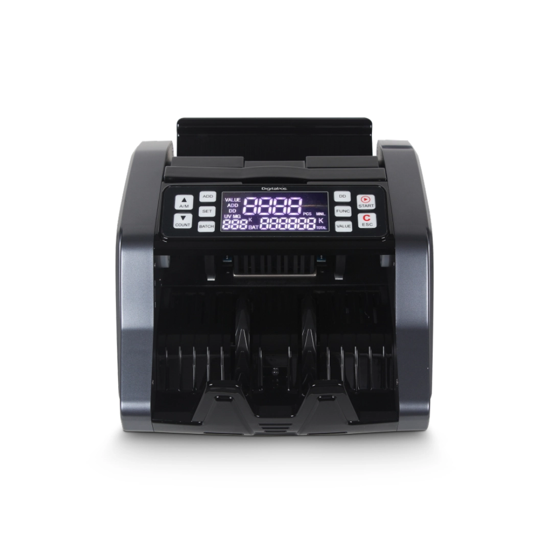 vista frontal de la maquina contadora de billeres, se puede apreciar el sitio para dejar los billetes, los botones y pantantalla