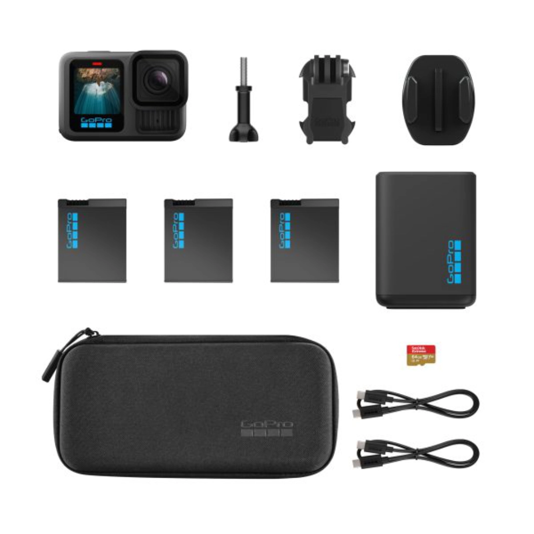 gopro hero 13 black Vista del kit completo, se puede ver cada uno de los componentes que trae