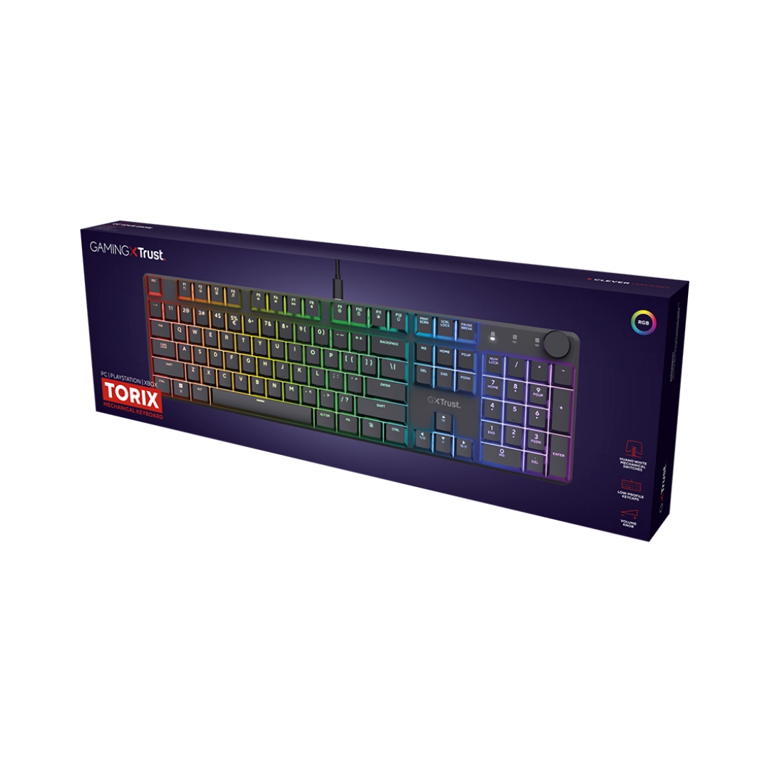 Vista dle teclado trust en su caja, se pueden visualziar algunas de sus especificaciones