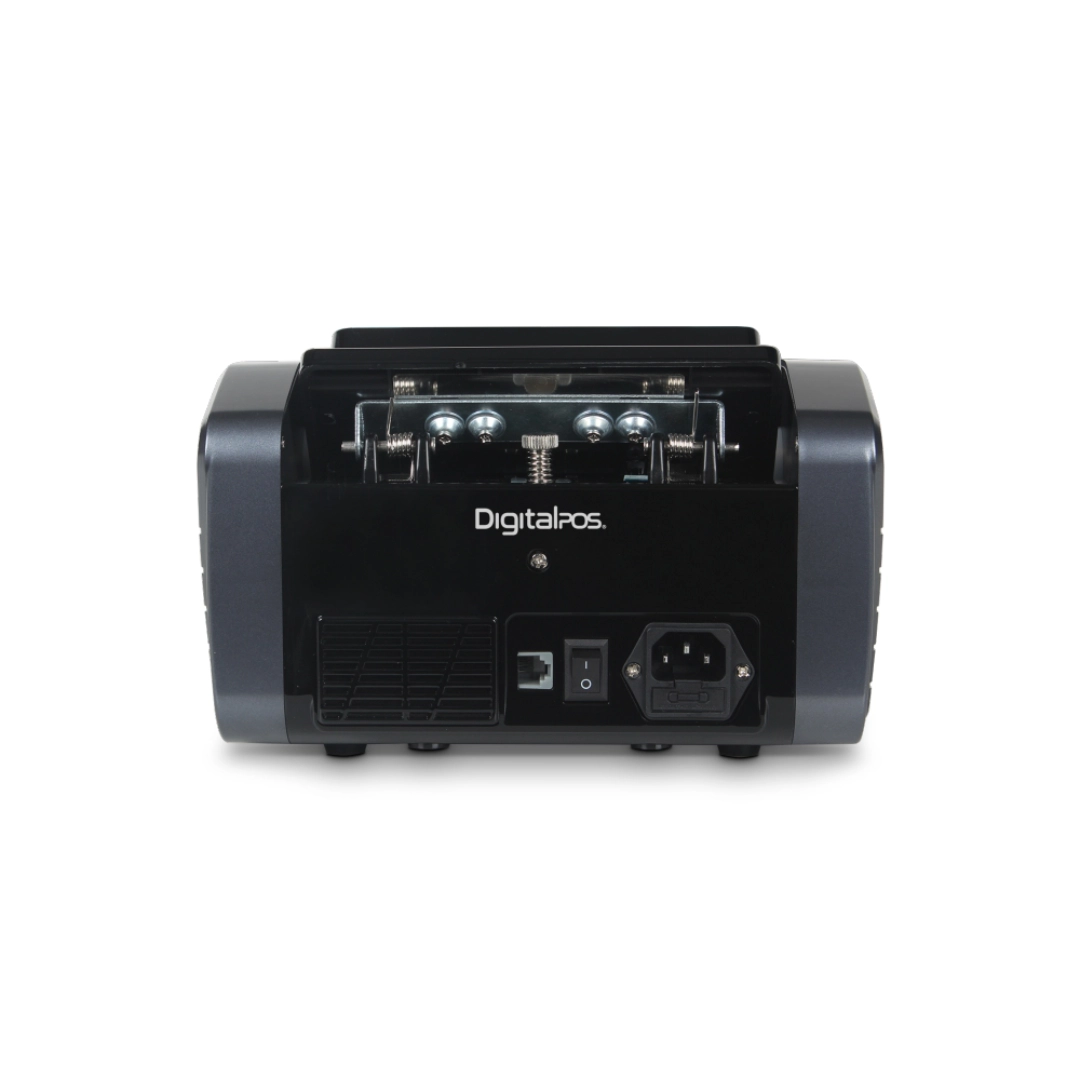 Vista de la parte trasera de la contadora de billetes, se puede apreciar los puestos