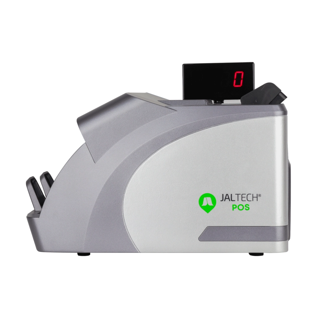 Vista de la parte derecha de la maquina contadora de billetes, se puede ver su siluesta, ademas de la marca y la pantalla que tiene integrada