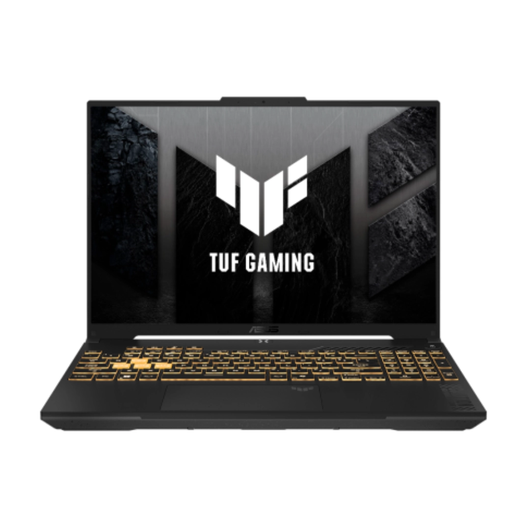 Vista del portatil asus tuf gaming, se aprecia el teclado retroiliuminado y la pantall a