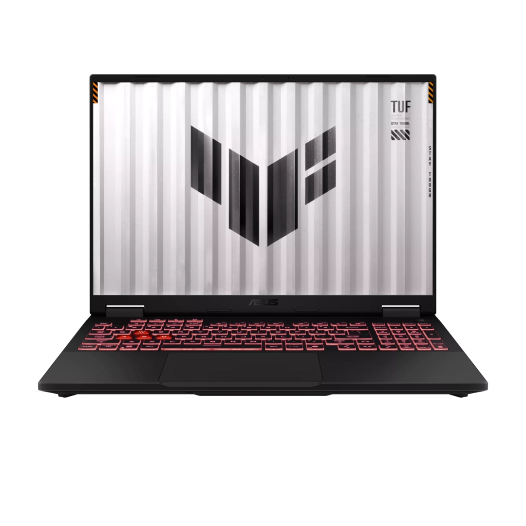 portatil asus tuf gaming Vista de la parte frontal del portatil, se puede apreciar el teclado retroiluminado y la tecnologia de la pantalla