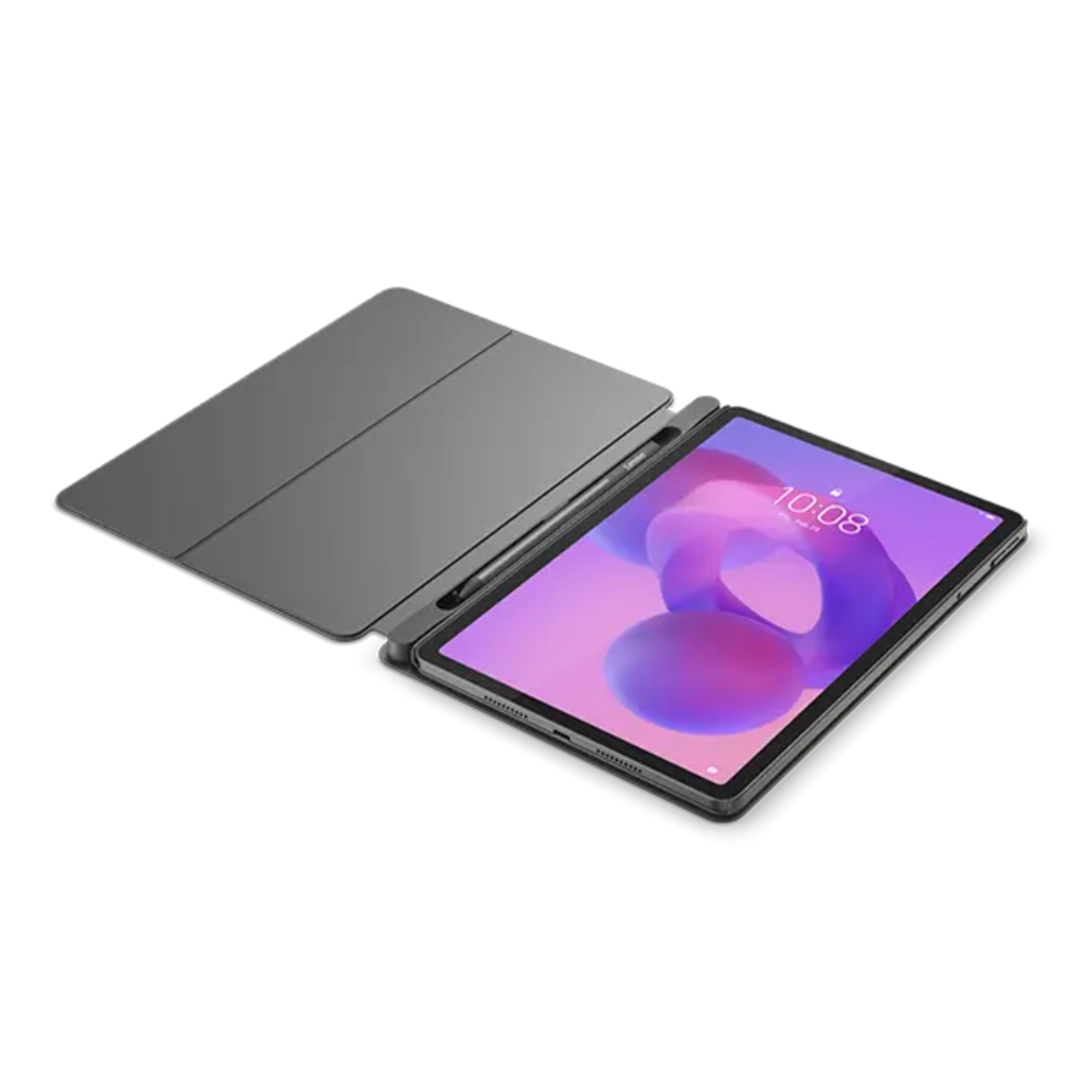 Vista de la parte frontal de la tablet, se logra ver la funda que viene
