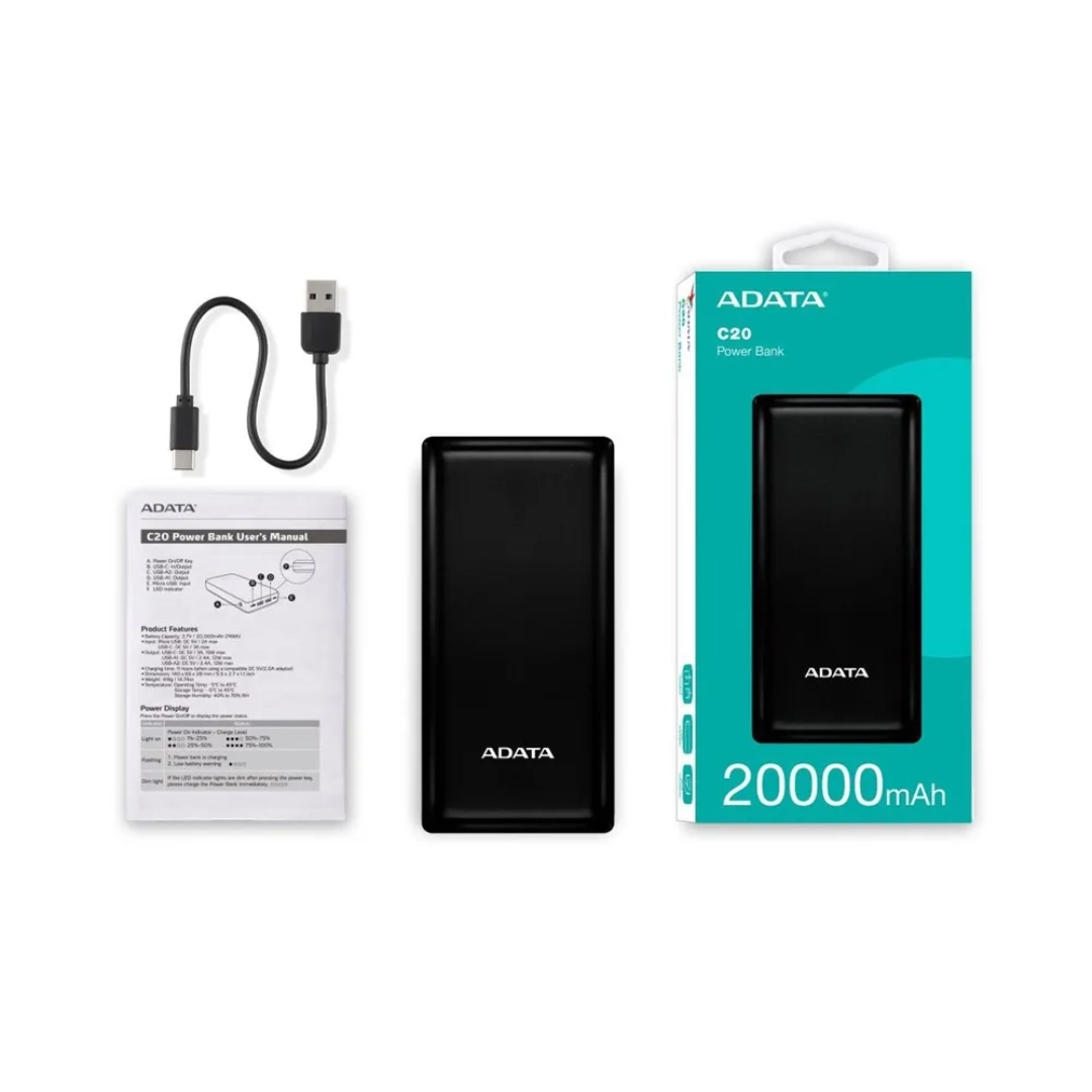Vista de la power bank, se puede apreciar la bateria y lo que viene dentro de la caja