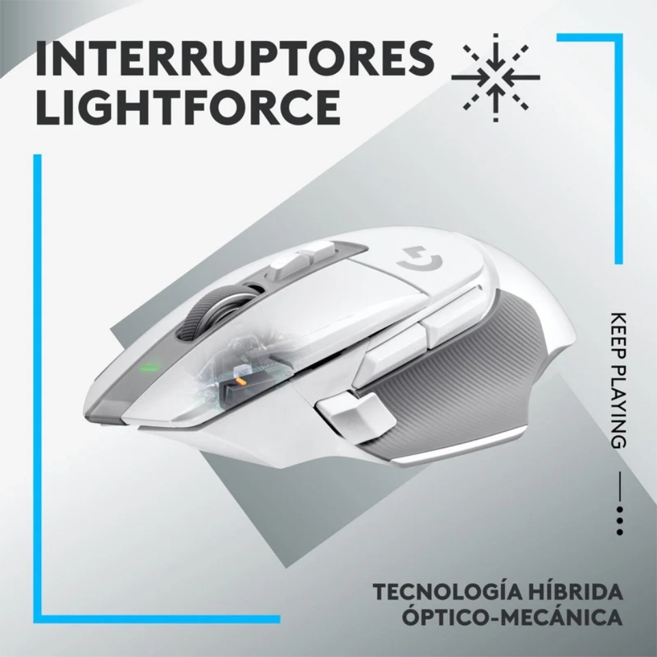Vista del el maouse de frente, se aprecia la silueta y la distribucion de los botones y su tecnologia