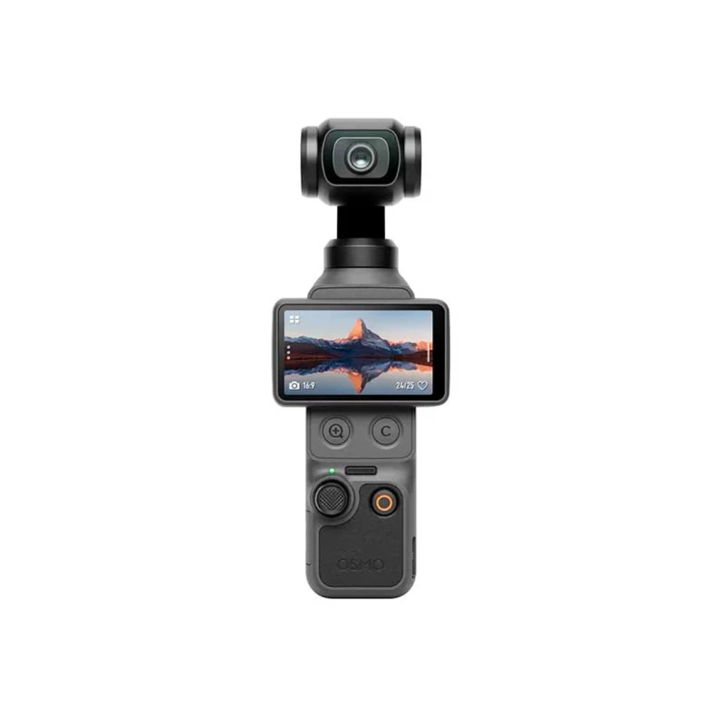 Vista de la camara osmo desde la parte frontal, se aprecia dimensiones y pantalla