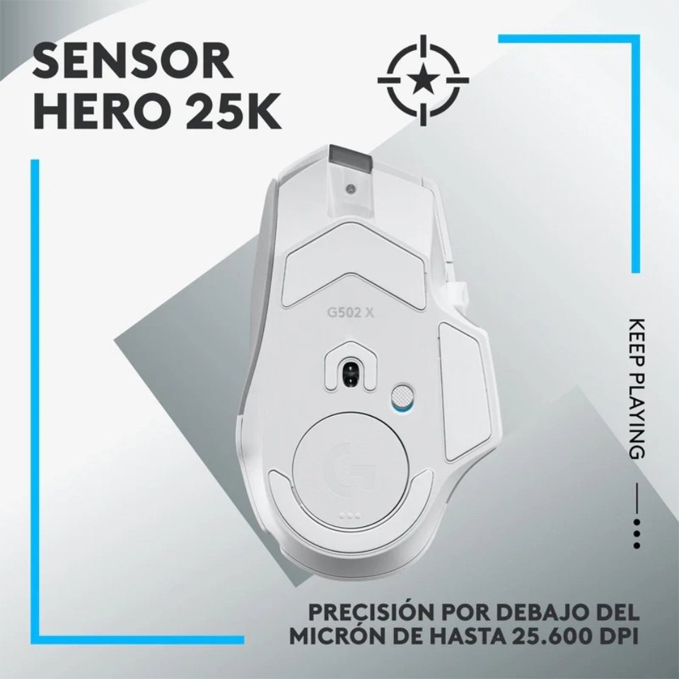 Vista del el maouse de frente, se aprecia la silueta y la distribucion de los botones y su tecnologia