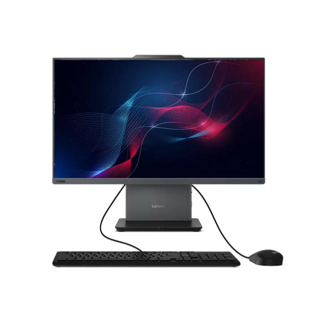 vista frontal del Todo en Uno Lenovo ThinkCentre Neo 50a Gen 5, se parecia dimension de pantalla y perifericos
