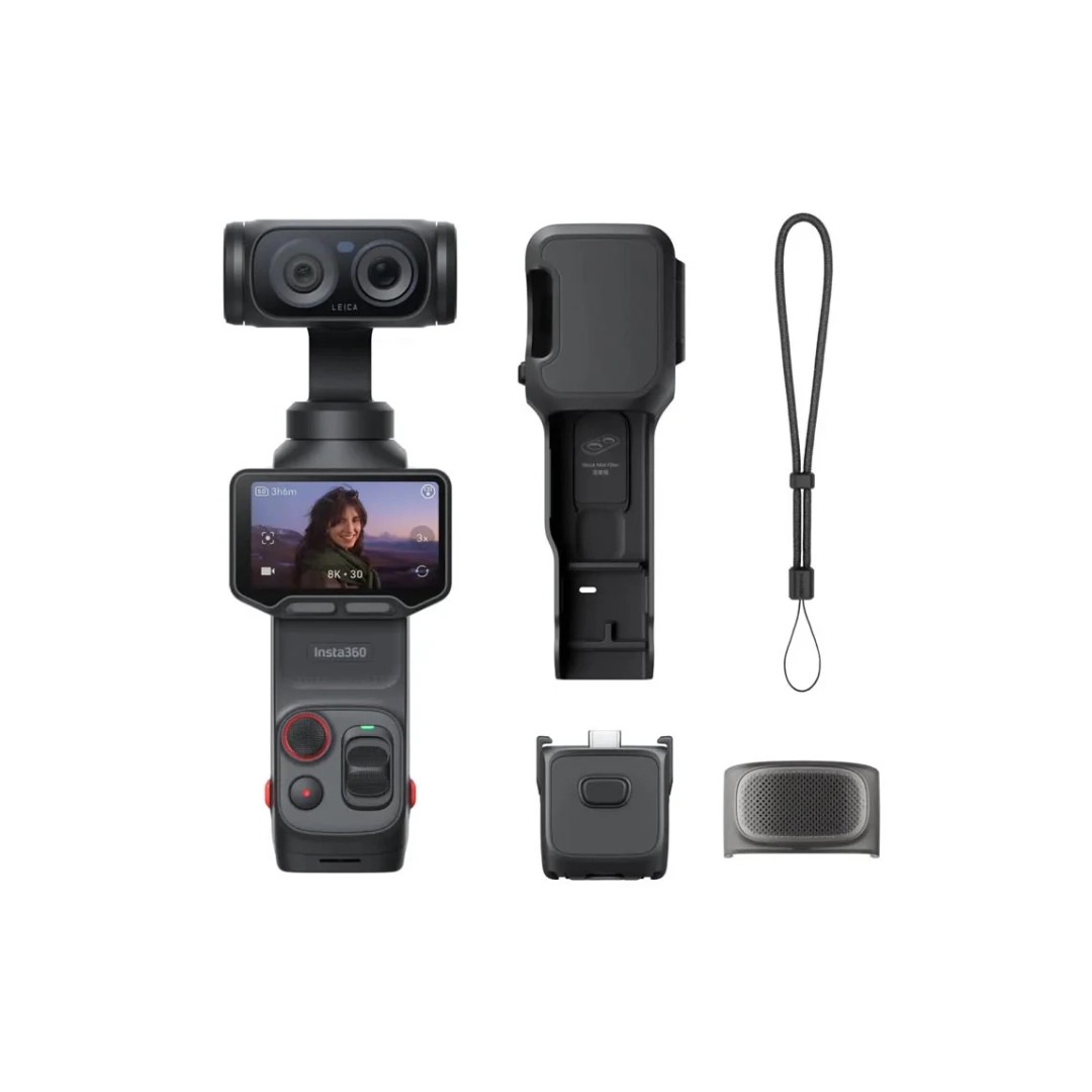 Vista de la Cámara Insta360 Luna Ultra, se aprecia los elementos que vienen en la caja