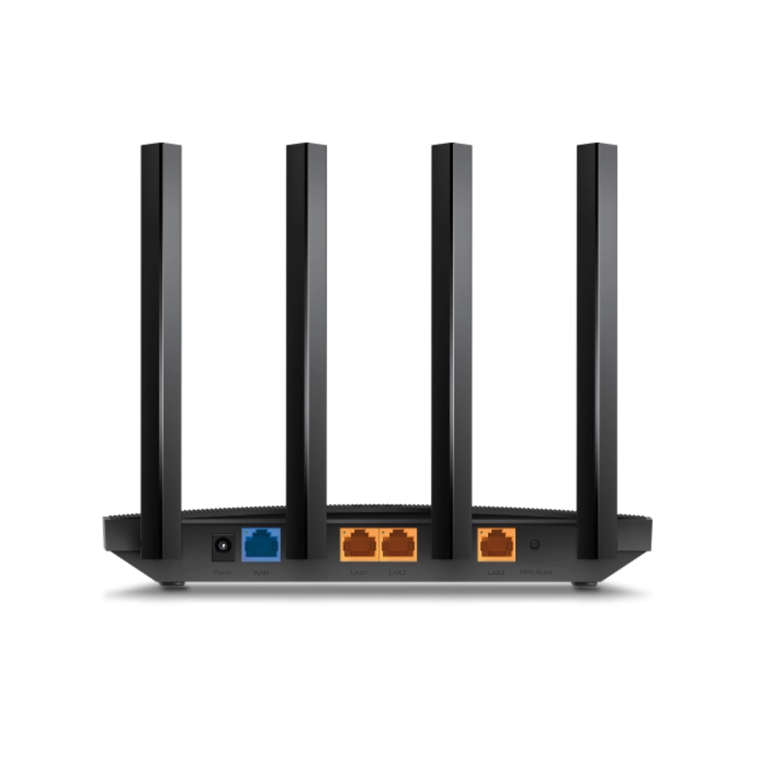 Vista de la parte trasera del Router TP-Link Archer AX12, se aprecian los puertos de entrada y de salida