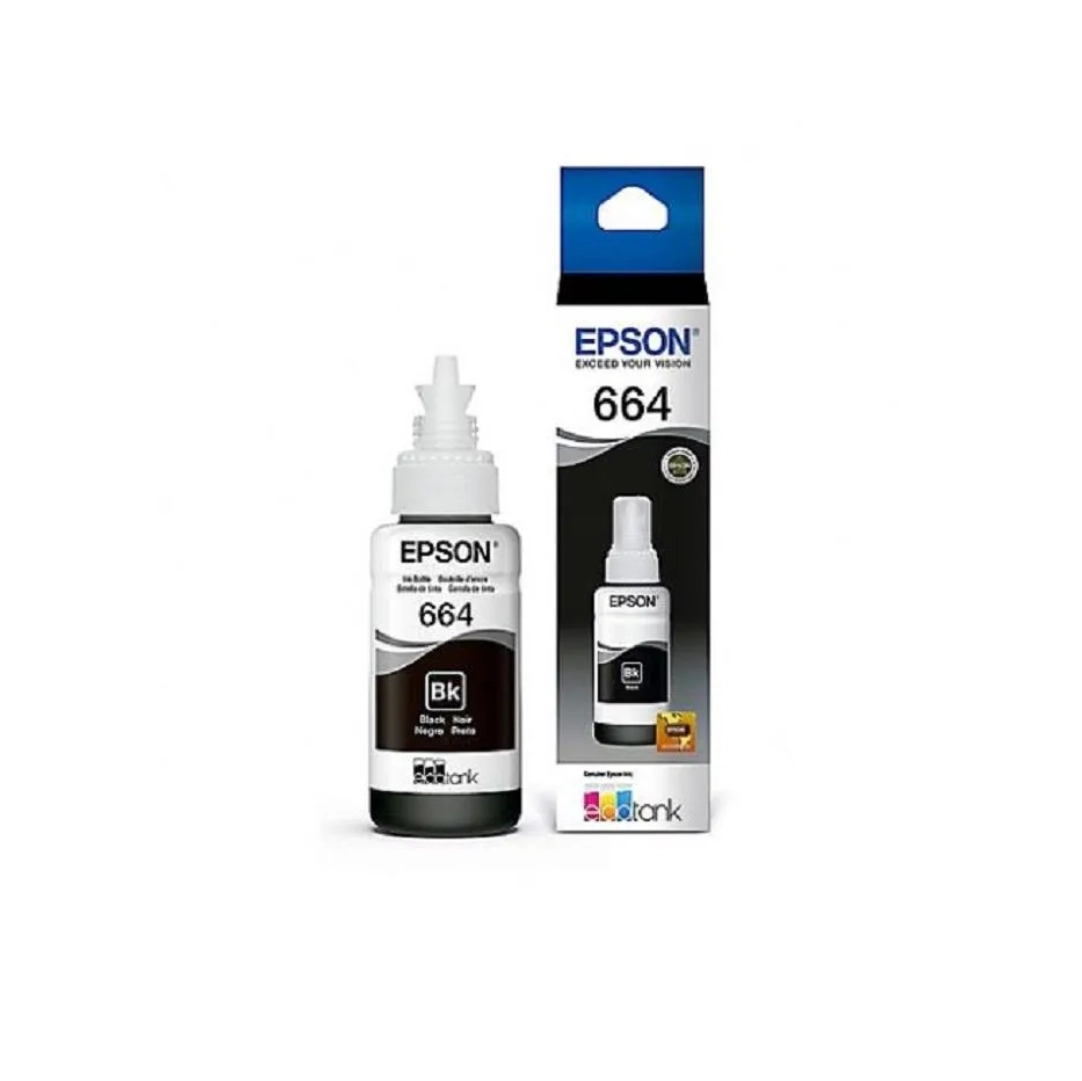 Botella de tinta negra junto a la caja