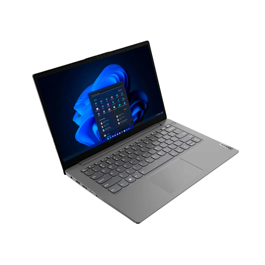 Vista en digagonal del Portátil Lenovo V14 G5 IRU, se aprecia su silueta y conectores del lado izquierdo